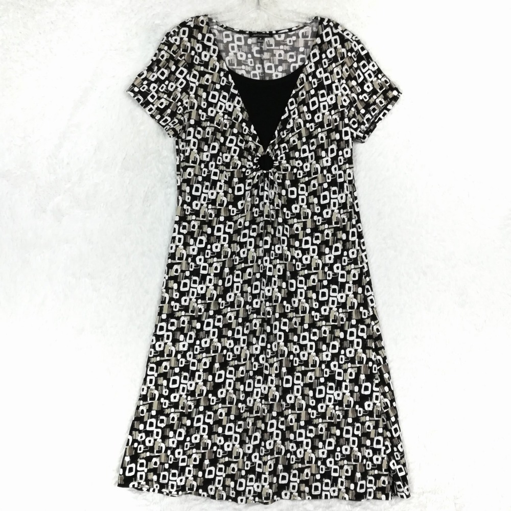 Notations Womens Dress Midi Geometric Print Black White Short Sleeve Keyhole M